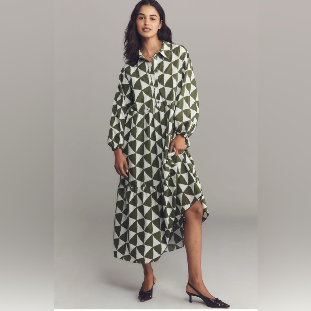 Maeve Anthropologie Bettina Green and White Triangles Maxi Dress